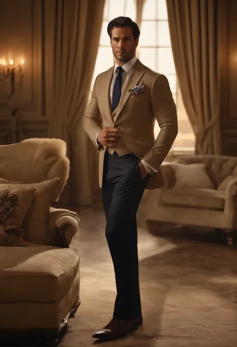 character standing with arm straight, dark hair (neck length hair tied in a ponytail), nice pose, handsome man, pretty face, royal elegant pose, business man, (in a striped blazer), (The surrounding environment is a luxurious and classic living room) (sand...