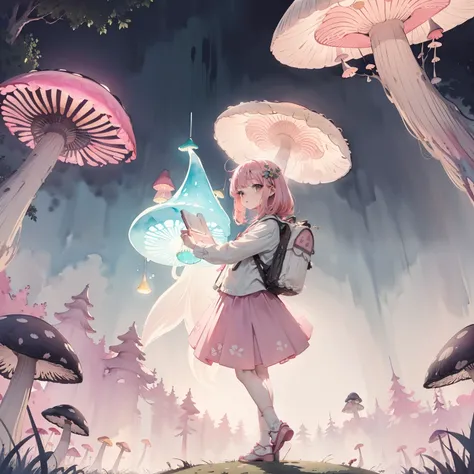 Beautiful and aesthetic,, Solo,Cute,Pink hair,pleatedskirt，Dance，Cogumelos，Mushrooms，Huge mushrooms，spore，(glowing ambiance, enchanting glow, luminouslighting, Ethereal atmosphere,Watercolor illustration, Perfect anatomy, Masterpiece, Best quality, 1girll,...