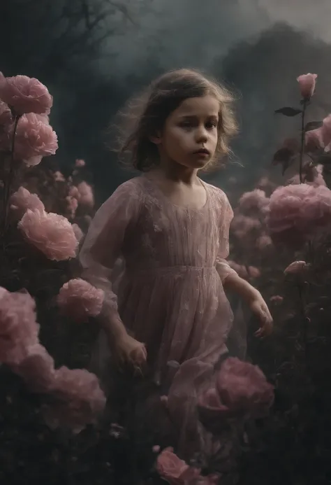 A kid joyfully running towards the camera, well detailed face, in between the flowers, with cinematic light. The scene is filled with pink colored flowers. The kids face is detailed, with beautiful eyes, nose, and lips. The flowers are in full bloom, with ...