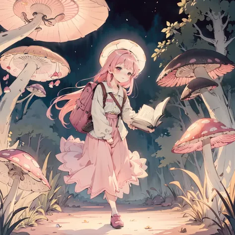 Beautiful and aesthetic,, Solo,Cute,Pink hair,pleatedskirt，Dance，Cogumelos，Mushrooms，Huge mushrooms，spore，(glowing ambiance, enchanting glow, luminouslighting, Ethereal atmosphere,Watercolor illustration, Perfect anatomy, Masterpiece, Best quality, 1girll,...