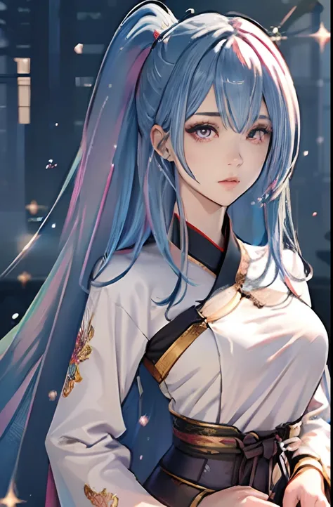 (Masterpiece), (Best Quality), (Super Detailed), (Dirty Hair), (Illustration), (1 Girl) (Long Pink Hair 1.5) (blind Eyes) (Ponytail 2.0), ,Hanfu, (Looking at the Audience, (Interview), (Simple Background), Beautiful and Delicate Eyes, Blindness,  detailed ...