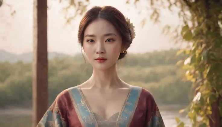 A classical Chinese woman in a dress stands in front of the river, Beautiful character painting,  Fair complexion, A woman around 19 years old, Slender and graceful, Beautiful, , super sharp focus, realistic lens,  Four colors (Scar:1.4),8 k resolution dig...