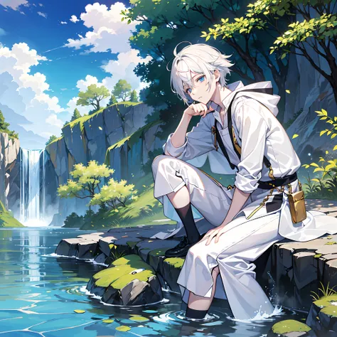 a white-haired boy，（Anime boys：1.2），（Sit on the water：1.1）A meditative，The water is calm，magnificent waterfalls，clear blue skies，Manhwa Style，HD graphics