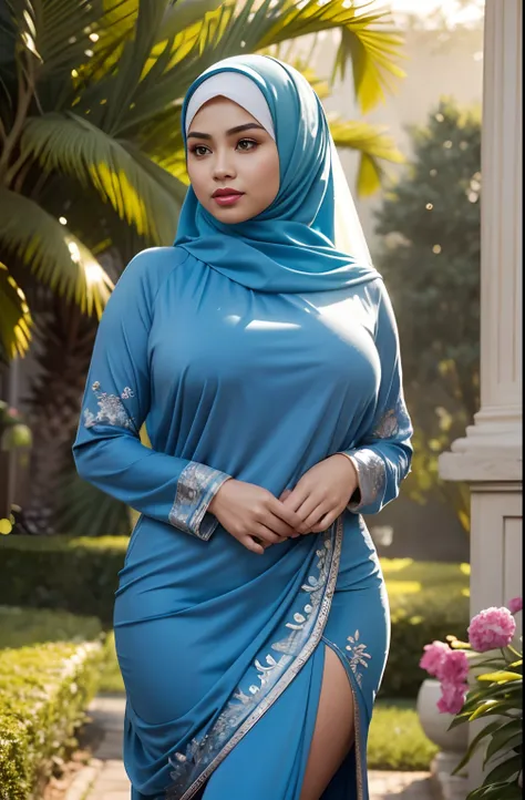 RAW, Best quality, high resolution, masterpiece: 1.3), beautiful Malay woman in hijab,Masterpiece, The art depicts a Malay woman in a hijap wearing a long, tight Muslim dress, light blue in color, decorated with intricate patterns and bright colors. The dr...