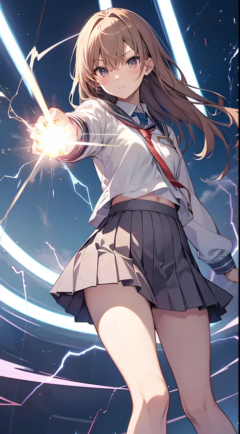 Misaka_mikoto, electricity, School_uniform, 1girl in, tokiwadai_School_uniform, Electrokinesis, psychic, Lightning beautiful and perfect legs, Clean and complete hands