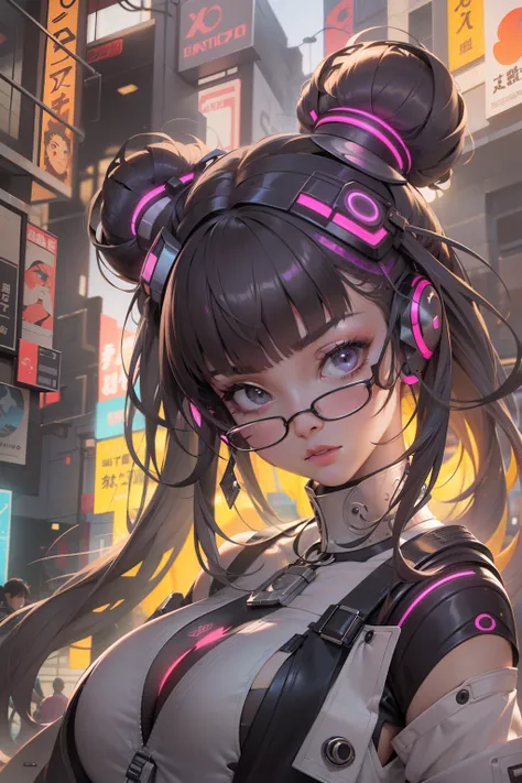 tmasterpiece、detallados、Tacto delicado、Perssonage Cyber Punk、2080s、Anime Big Breast、Chica vs、Tendencias en Artstationh、Blunt bangs, looking at the camera, low angle, Decisive pose, Double hair buns