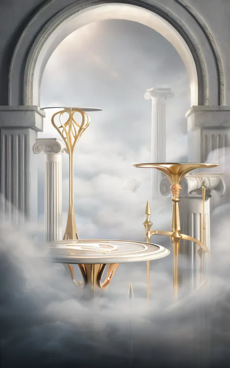 There is a table，There is a candle and a candlestick in the middle, lying a throne in a fantasy land, stuning fantasy 3 d render, baroque marble and gold in space, stunning arcanum backdrop, fantasia 3 d render, surreal 3 d render, surreal scene, voluminet...