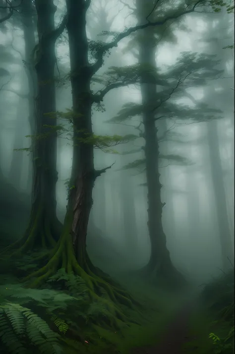 Foggy Tree、foggy forest、mystical forest、dark  forest、Huge forest of fog、Strong, mysterious and scary forest、ominous and eerie forest、beautiful misty wood。