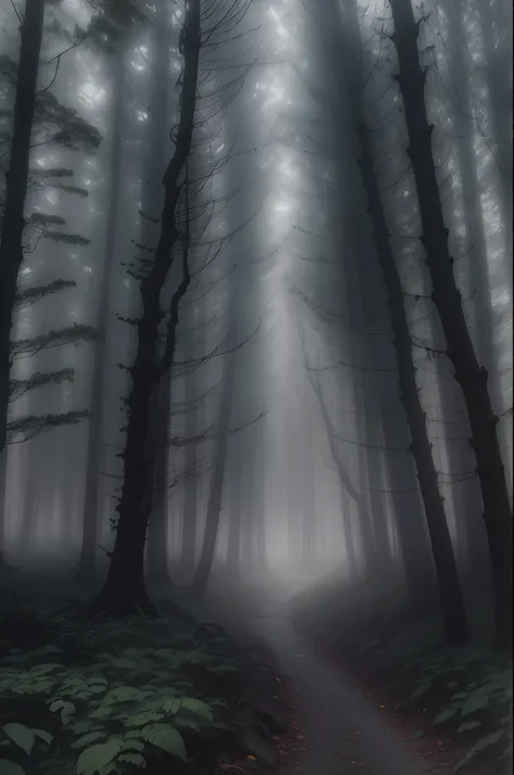 there is a black and white photo of a forest with trees, misty wood, misty woods, on a misty forest, in foggy forest, in a foggy forest, mysterious forest, misty forest, spooky forest, gloomy forest, foggy forest, in the foggy huge forest, creepy forest, d...