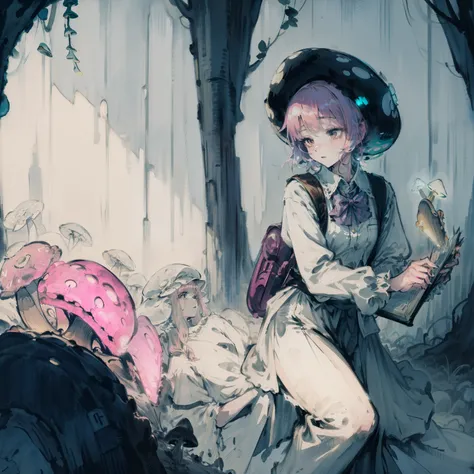 Beautiful and aesthetic,, Solo,Cute,Pink hair,pleatedskirt，Dance，Cogumelos，Mushrooms，Huge mushrooms，spore，(glowing ambiance, enchanting glow, luminouslighting, Ethereal atmosphere,Watercolor illustration, Perfect anatomy, Masterpiece, Best quality, 1girll,...