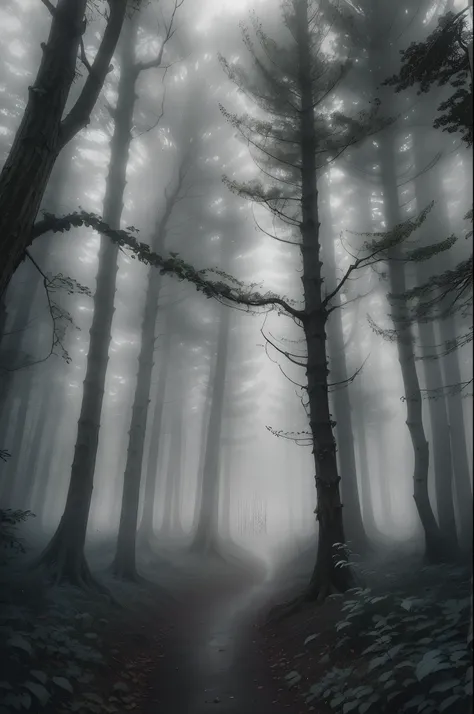 there is a black and white photo of a forest with trees, misty wood, misty woods, on a misty forest, in foggy forest, in a foggy forest, mysterious forest, misty forest, spooky forest, gloomy forest, foggy forest, in the foggy huge forest, creepy forest, d...