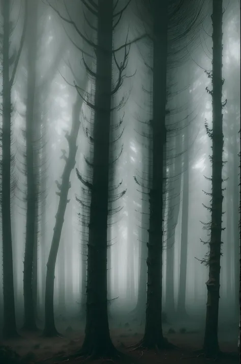 there is a black and white photo of a forest with trees, misty wood, misty woods, on a misty forest, in foggy forest, in a foggy forest, mysterious forest, misty forest, spooky forest, gloomy forest, foggy forest, in the foggy huge forest, creepy forest, d...