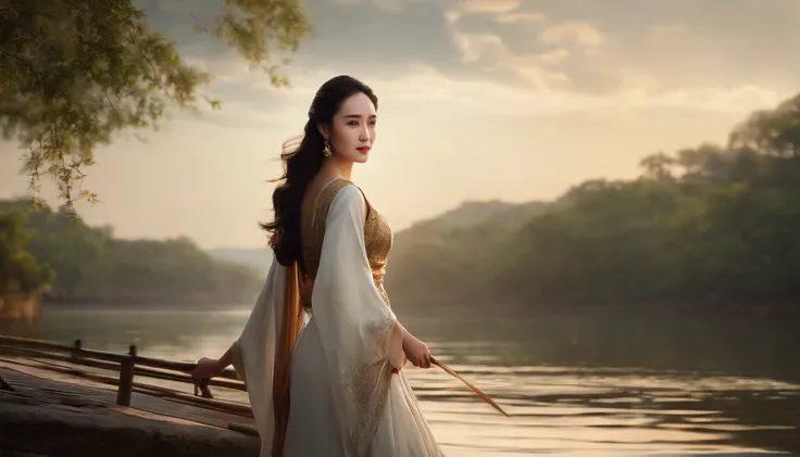 （Star Yang Mi），A classical Chinese woman in a dress stands in front of the river, Beautiful character painting, （Bust photo），Fair complexion, , Slender and graceful, Beautiful, , super sharp focus, realistic lens,  Four colors (Scar:1.4), matte painting po...