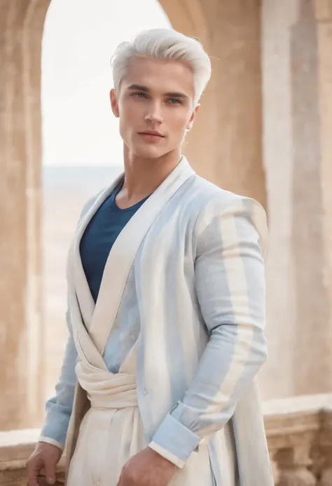 Elegant man, strong physique, white robe, white colored Arabian pants, light blue noble blouse, white boots, messy light blue hair, look of satisfaction, short hair, dark blue colored eyes, noble appearance, holding a silver spear, ancient castle, medieval...