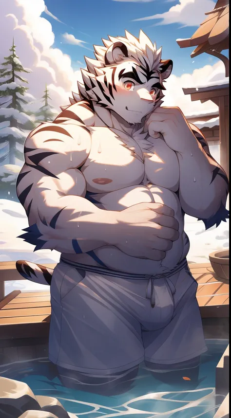 tmasterpiece，Anthropomorphic white tiger，male people，26 year old，Thick eyebrows，White hairs，Strong body，large pecs，Bare topless，Pink milk clusters，short white pants，medium bulge，Soak in an open-air hot spring，vapour，sweat leggs，Mysterious Expression，lookin...