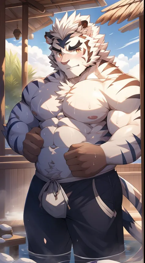 tmasterpiece，Anthropomorphic white tiger，male people，26 year old，Thick eyebrows，White hairs，Strong body，large pecs，Bare topless，Pink milk clusters，short white pants，medium bulge，Soak in an open-air hot spring，vapour，sweat leggs，Mysterious Expression，lookin...