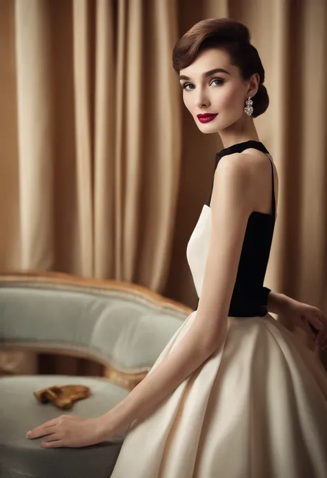 "Generate Audrey Hepburn-inspired color portraits。The model is a woman with classic elegance and elegance、Wish to wear an iconic bob hairstyle or pearl necklace。Portraits are in color, including the background、Keep it simple and sophisticated.。Is the model...