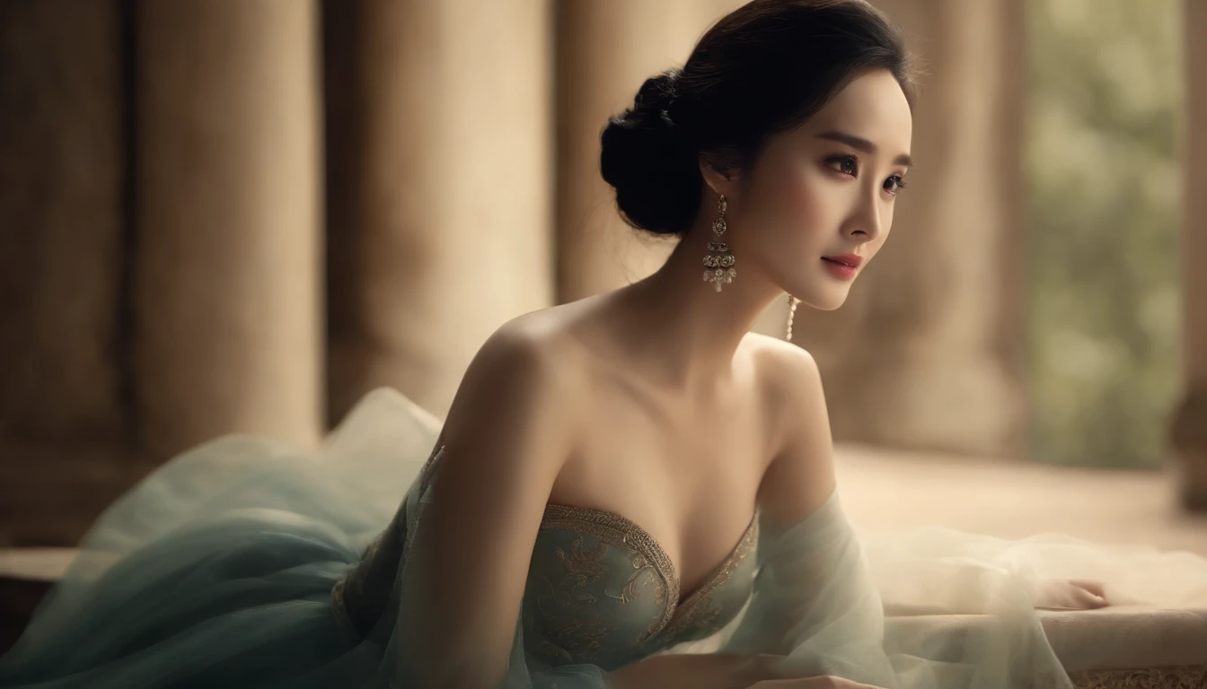 （Star Yang Mi），One in a gauze dress, Translucent body curves，Beautiful character painting, （medium chest circumference，cleavage），Fair complexion, ,Slender and graceful, beautifullegs, super sharp focus, realistic lens,  matte painting portrait shot, Rendu ...