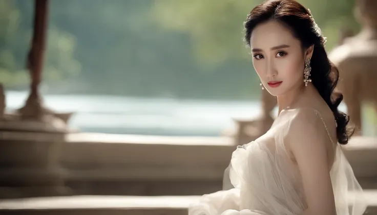 （Star Yang Mi），One in a gauze dress, Translucent body curves，Beautiful character painting, （medium chest circumference，cleavage），Fair complexion, ,Slender and graceful, beautifullegs, super sharp focus, realistic lens,  matte painting portrait shot, Rendu ...