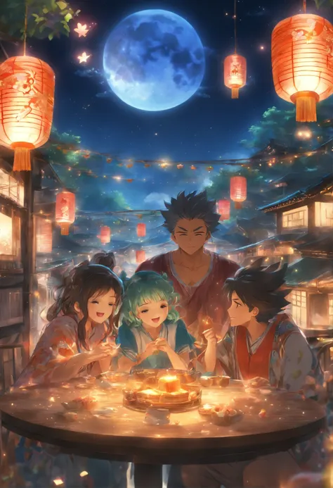 (top-quality、8K、tmasterpiece:1.3)、Full moon and stars in sky illustration，The family sits together eating mooncakes,Mom and dad laugh with the kids，Have in the living room、Bright house scene，extremely detailed face and skin，Heartwarming scene，perfect  deta...