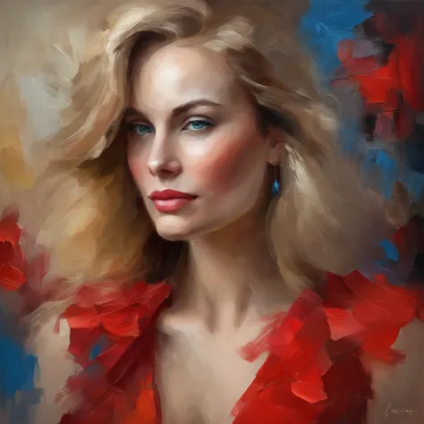 classic oil painting of a beautiful woman in a red cocktail dress, long blond hair, blue eyes, eyes looking at us, medium shot, elegant digital painting, beautiful oil portrait painting, wlop painting style, brush strokes in textured paint, gorgeous oil pa...