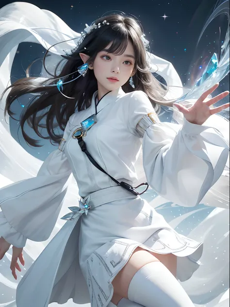 （tmasterpiece，top-quality，optimum，offcial art，Beautiful and aesthetic，Long exposure：1.2），Smooth movement，Charming Patterns， 1 rapariga，（Long skirt with sleeves：1.3），(((white  clothes)))，upperbody closeup，No shoulders，ChineseGirl，Blushlush，Black lob hair， s...