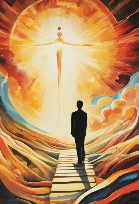 image of a person suffering, searching for the light of truth shining above, surrealist painting, painted in the style of DALI