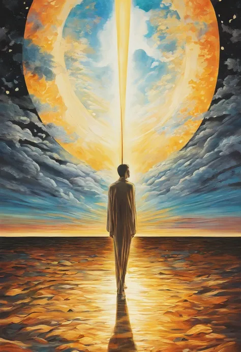 image of a person suffering, searching for the light of truth shining above, surrealist painting, painted in the style of DALI