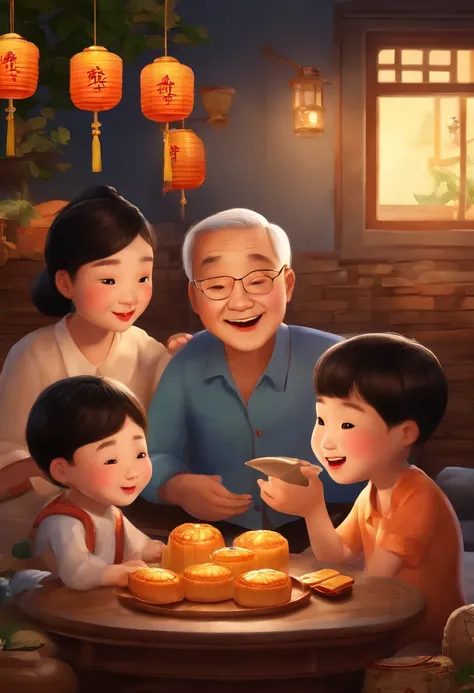 (top-quality、8K、tmasterpiece:1.3)、Full moon and stars in sky illustration，The family sits together eating mooncakes,Mom and dad laugh with the kids，Grandpa and grandma laughed together, Have in the living room、Bright house scene，extremely detailed face and...