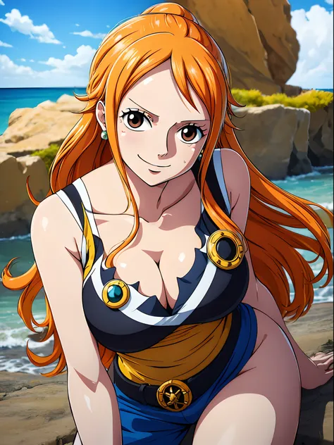 nami from one piece,very light orange and yellowish haired girl,beautiful brown eyes, blushing cheeks,in a clouds in the sky smi...