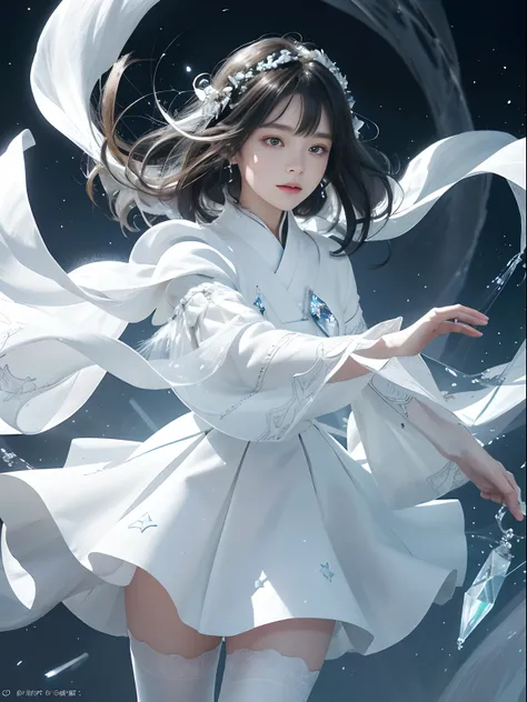 （tmasterpiece，top-quality，optimum，offcial art，Beautiful and aesthetic，Long exposure：1.2），Smooth movement，Charming Patterns， 1 rapariga，（Long skirt with sleeves：1.3），(((white  clothes)))，upperbody closeup，No shoulders，ChineseGirl，Blushlush，Black lob hair， s...