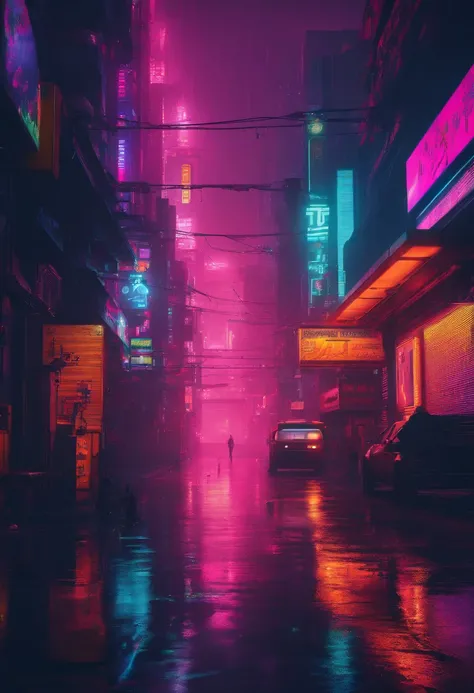 Neon-lit cyberpunk streets, futuristic cityscape, dystopian artwork in the dark, 4k wallpaper. Rainy and foggy atmosphere, evoking a moody and desolate future