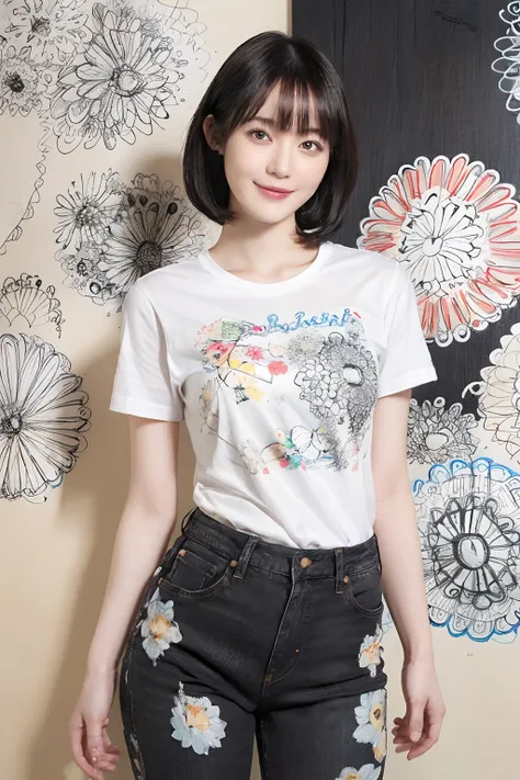 (Black Shorthair:1.2),  (a 20 yo woman), (A hyper-realistic), (masutepiece), (8KUHD), Smiling, Slender waist, Wearing jeans, ((Floral clothing - T-shirts)), large full breasts, Wear long pants, abstract paintings, (doodle:1.46)