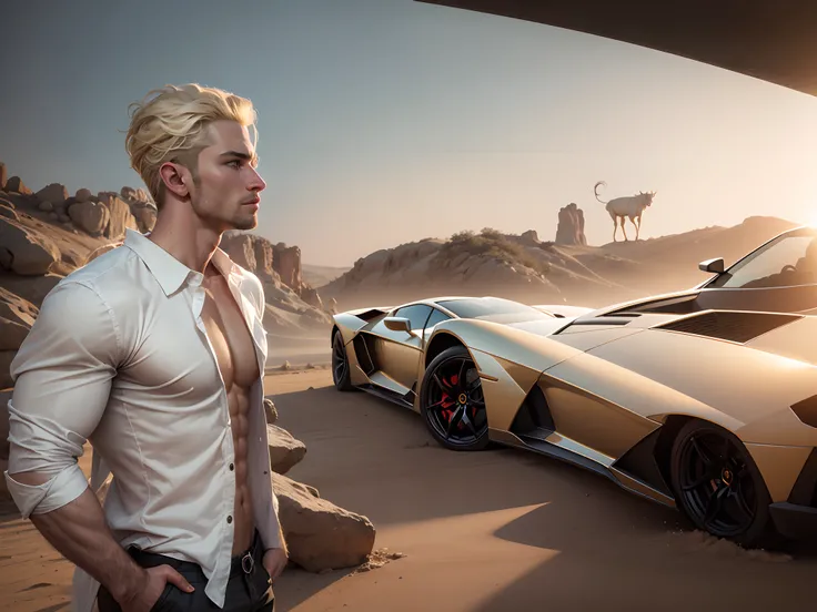 handsome shirtless man, blonde hair, change glass, background Lamborghini realistic higher realistic,face no change