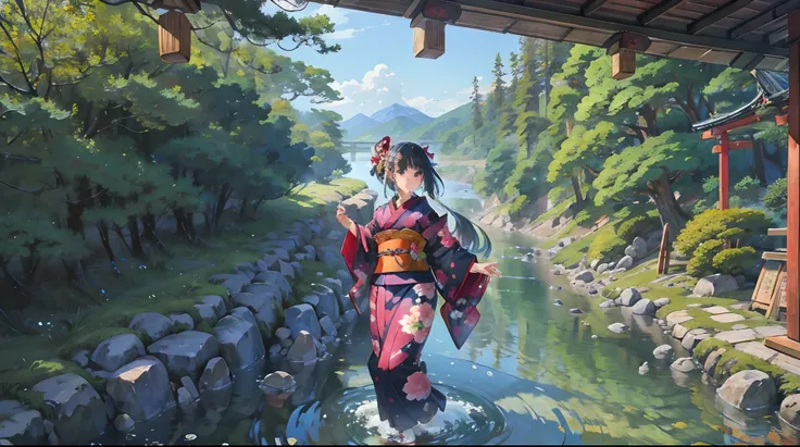 kimono　夏天　girl with　jpn　animesque　shrines　a river