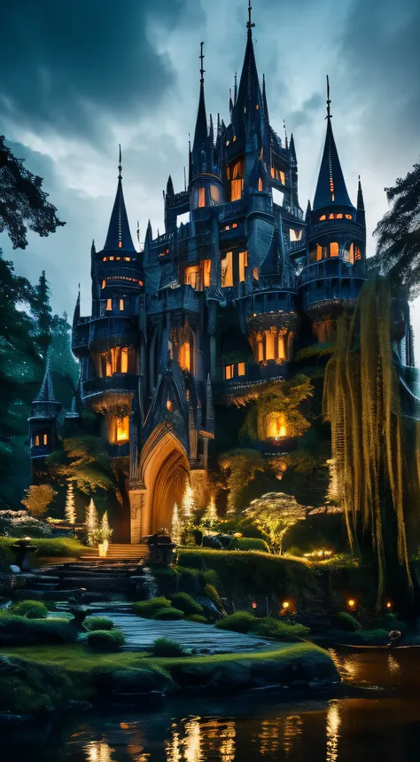 The grandeur of an elven castle in twilight, surrounded by a shimmering, mystical lake, with a sense of fading magic in the air, the castles towers illuminated by soft, warm lantern light --auto