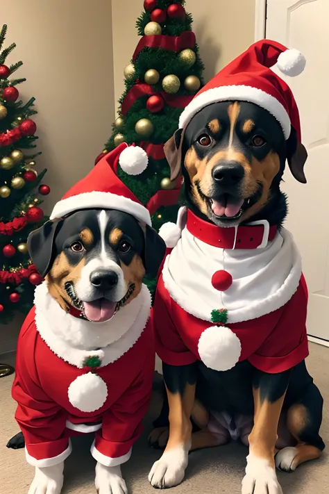 two dogs dogs dressed up in Christmas costumes. The dog on the left is wearing a Christmas tree costume, and the dog on the right is wearing a snowman costume.