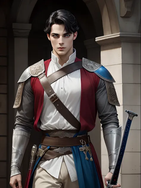 handsome young man, short black hair, heterochromia eyes, red right eye blue left eye, wearing grayish brown adventurer clothes, carrying a sword at his waist