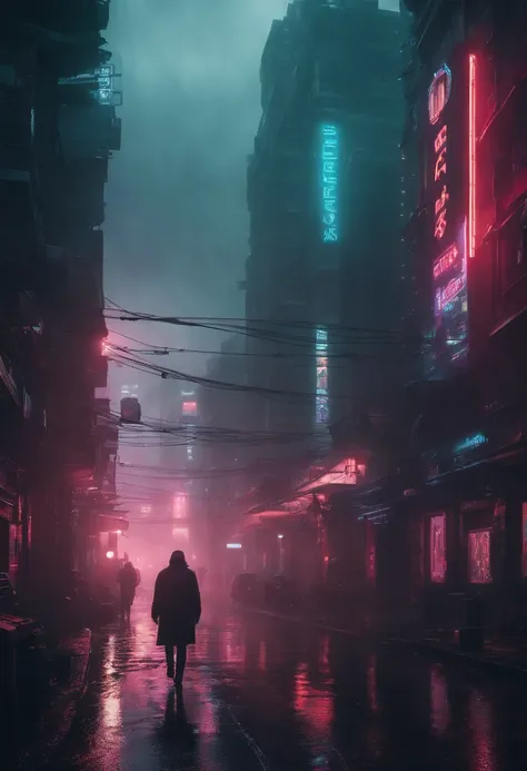 Neon-lit cyberpunk streets, futuristic cityscape, dystopian artwork in the dark, 4k wallpaper. Rainy and foggy atmosphere, evoking a moody and desolate future