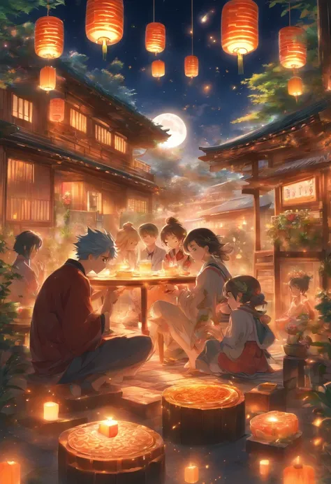 (top-quality、8K、tmasterpiece:1.3)、Full moon and stars in sky illustration，The family sits together eating mooncakes,Mom and dad laugh with the kids，Grandpa and grandma laughed together, Have in the living room、Bright house scene，extremely detailed face and...