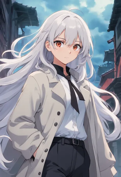 A young woman of 17 years with white hair with degrade of medium black eyes a white blouse apocalypse style with black coat a long gray pants with a tired and angry look