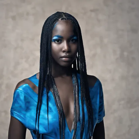 A breathtaking fully 12-year-old very dark-skinned mixed-race Cambodian Indian female wearing only blue paint-splashed H.R. Giger-style body paint over her entire body and face with a very long, blue cornrow hairstyle plays the out of a custom blue Yamaha ...