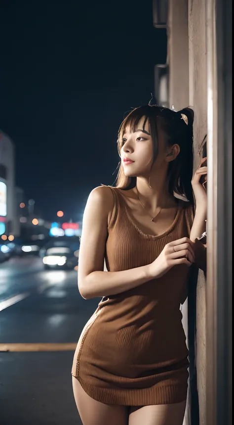 top-quality, ​masterpiece, high-detail, 16k picture quality, At night in Shinjuku, amidst the neon signs, stands a beautiful 27-year-old woman. She’s wearing a sleeveless knit one-piece dress. Her hair is short and light brown. She’s leaning against a wall...