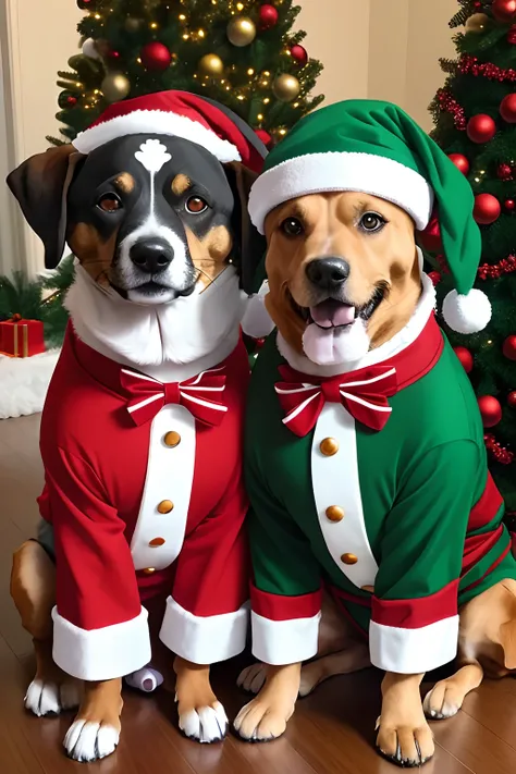 two dogs dogs dressed up in Christmas costumes. The dog on the left is wearing a Christmas tree costume, and the dog on the right is wearing a snowman costume.