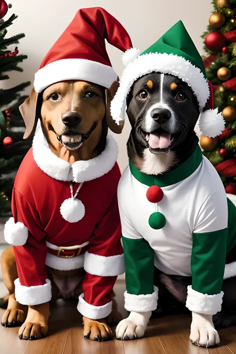 two dogs dogs dressed up in Christmas costumes. The dog on the left is wearing a Christmas tree costume, and the dog on the right is wearing a snowman costume.