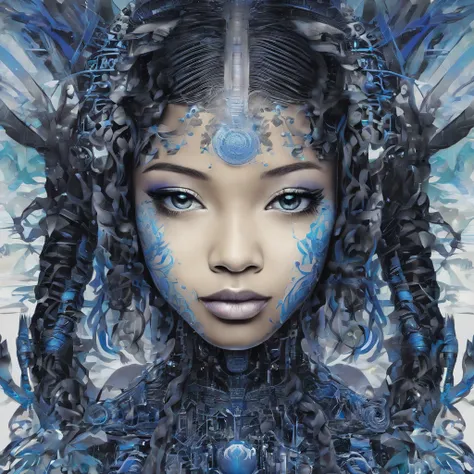 A breathtaking fully 12-year-old very dark-skinned mixed-race Cambodian Indian female wearing only blue paint-splashed H.R. Giger-style body paint over her entire body and face with a very long, blue cornrow hairstyle plays the out of a custom blue Yamaha ...