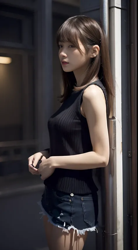 top-quality, ​masterpiece, high-detail, 16k picture quality, At night in Shinjuku, amidst the neon signs, stands a beautiful 27-year-old woman. She’s wearing a sleeveless knit one-piece dress. Her hair is short and light brown. She’s leaning against a wall...