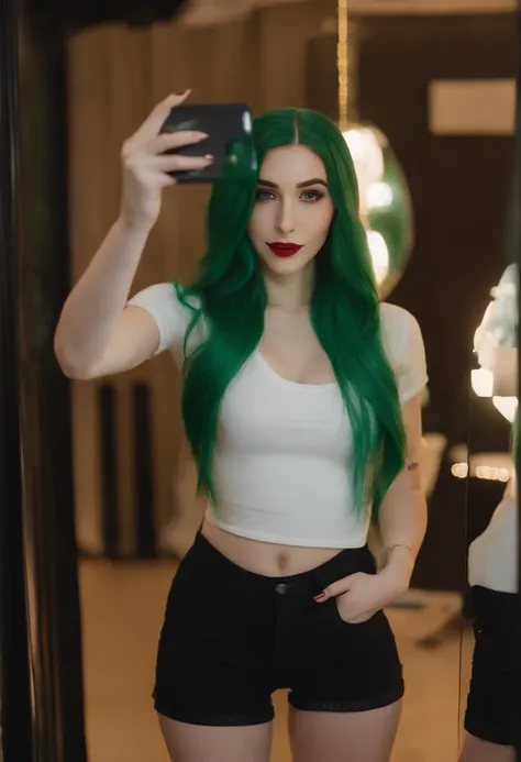 woman with green hair taking a selfie in a mirror, 18 years old, totlly nude, amouranth, 1 6 years old, belle delphine, 1 8 yo, cutecore, better known as amouranth, ava max, 21 years old, tinyest midriff ever, 2 2 years old