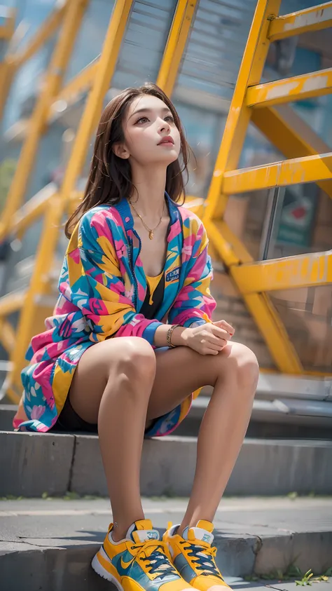 girl in colorful dress，(look up:1.5)，athletic sneakers，shallow space，urban architectural background，sit pose，best quality, maste...