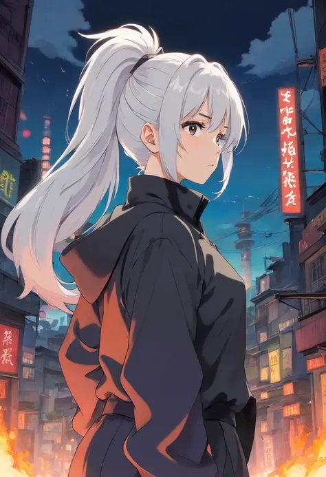 A young woman of 17 years with white hair with degrade on the underside of her hair black as a ponytail black eyes a white apocalypse style blouse with black coat a long gray pants with a look of tired and angry